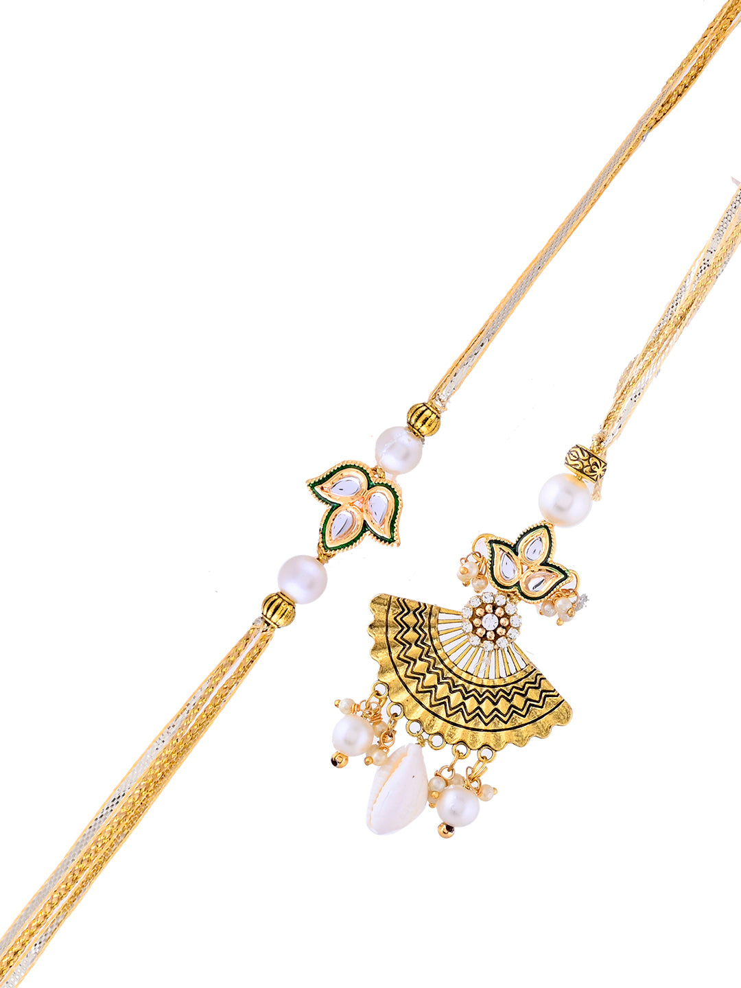 Festive Pearl Drop Rakhi Set with Elegant Kundan Charm with Box