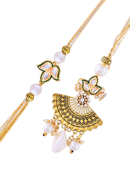 Festive Pearl Drop Rakhi Set with Elegant Kundan Charm with Box