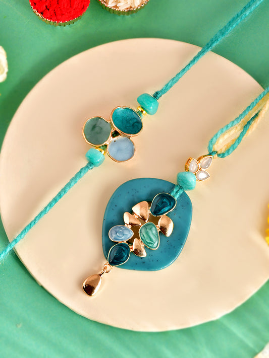 Handpicked Aqua Charm Rakhi Set for Bhaiya and Bhabhi with Box