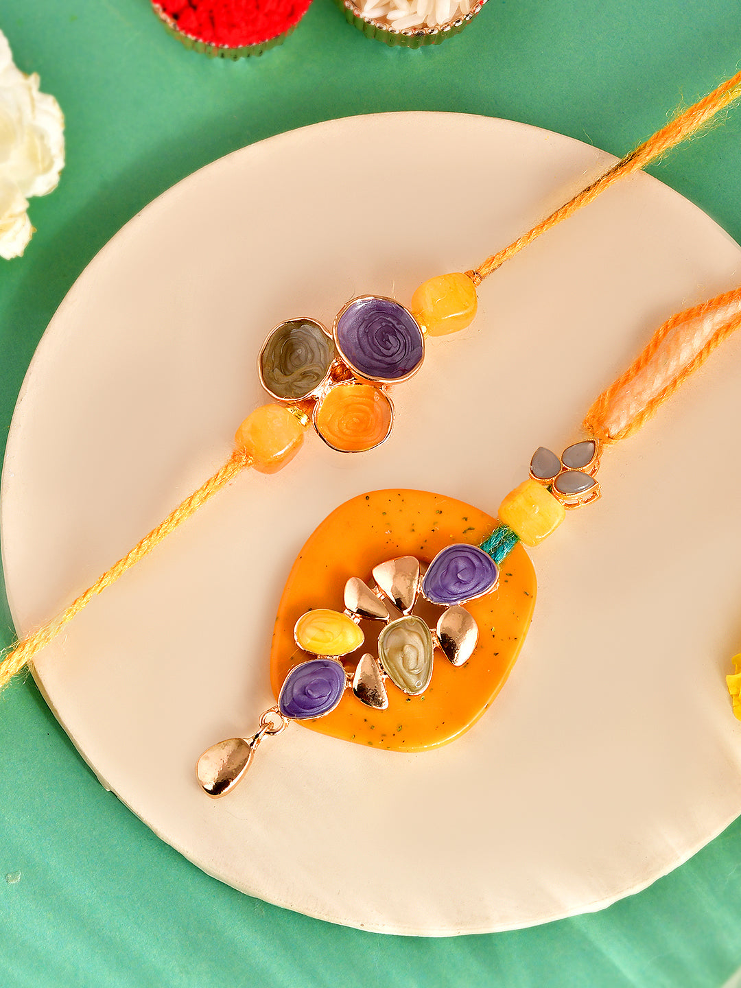 Elegant Handpicked Floral Rakhi Set with Colorful Resin Accents with Box