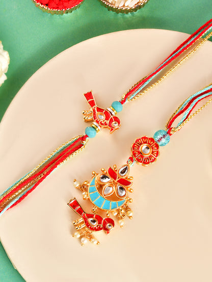 Festive Handcrafted Rakhi Pair with Meenakari Art and Pearl Drops with Box