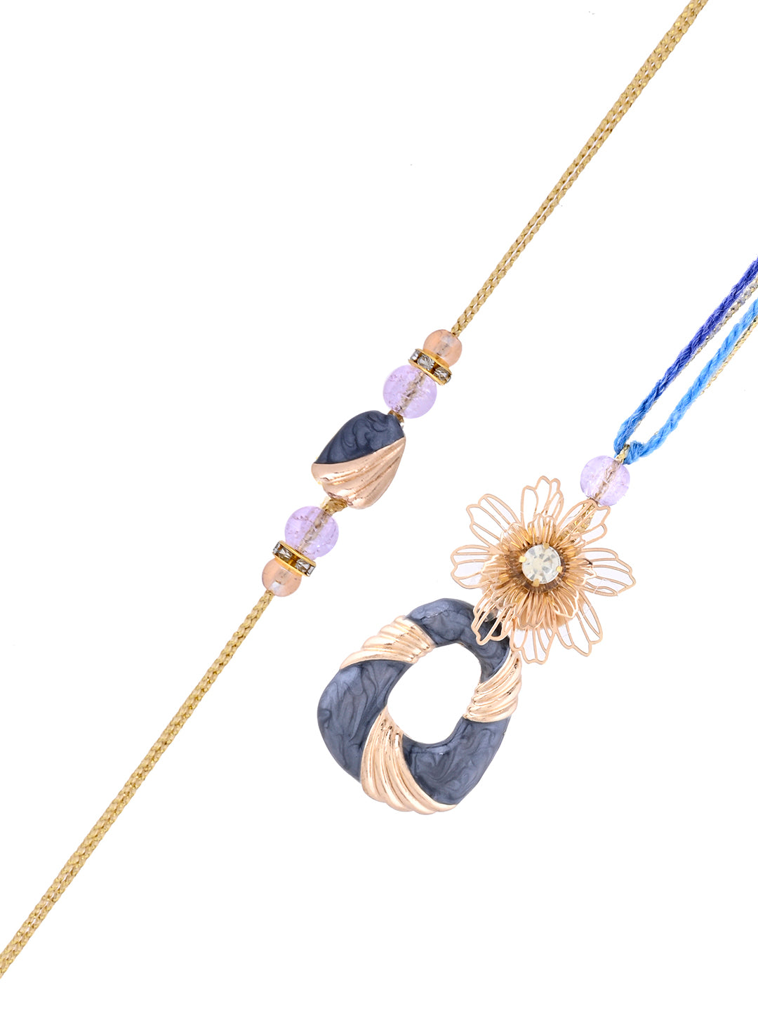 Handcrafted Blue Stone Rakhi Pair with Elegant Wire Flower Design