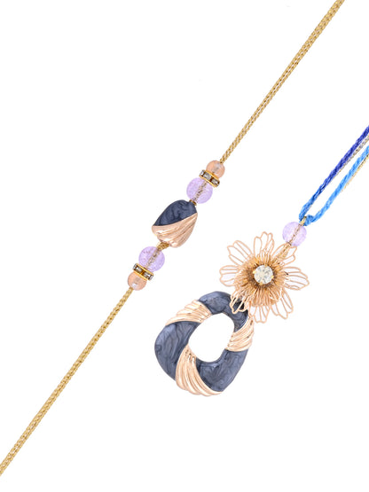 Handcrafted Blue Stone Rakhi Pair with Elegant Wire Flower Design