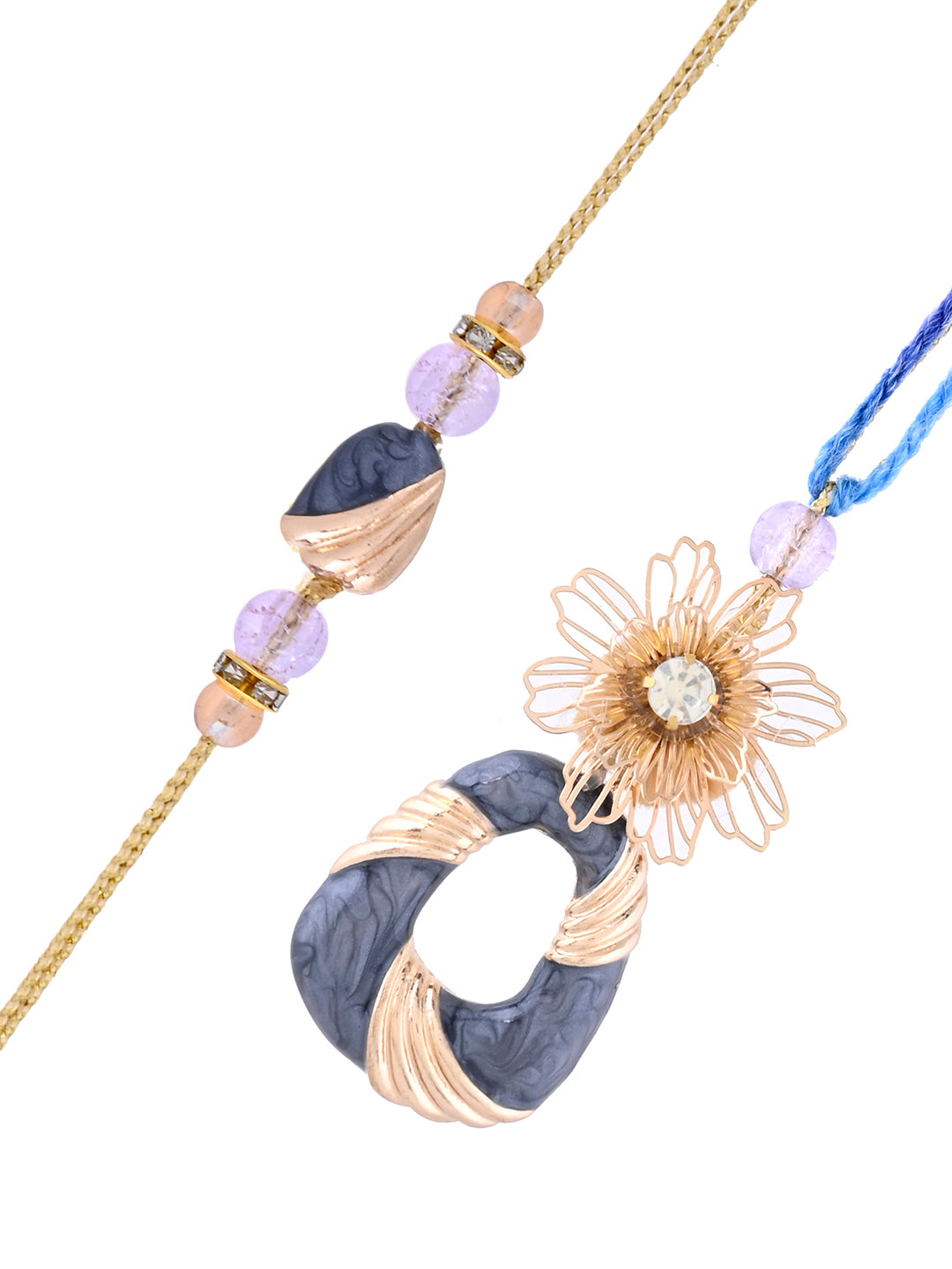 Handcrafted Blue Stone Rakhi Pair with Elegant Wire Flower Design