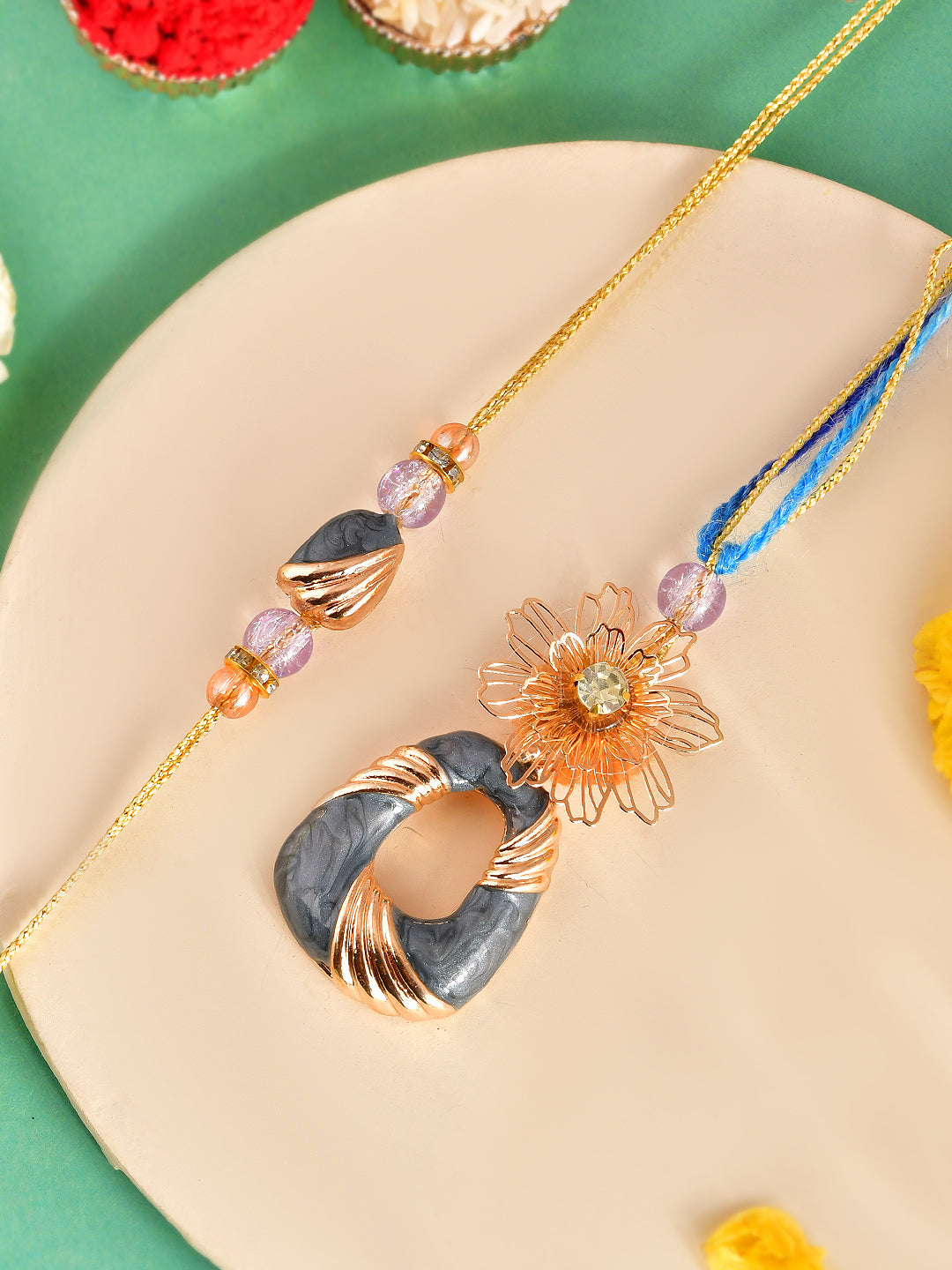 Handcrafted Blue Stone Rakhi Pair with Elegant Wire Flower Design