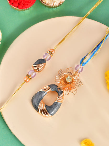 Handcrafted Blue Stone Rakhi Pair with Elegant Wire Flower Design