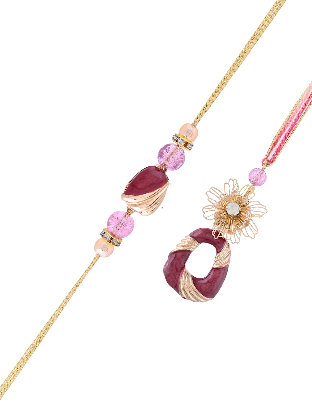 Artistic Bhaiya Bhabhi Rakhi with Handpicked Red Beads and Floral Motif