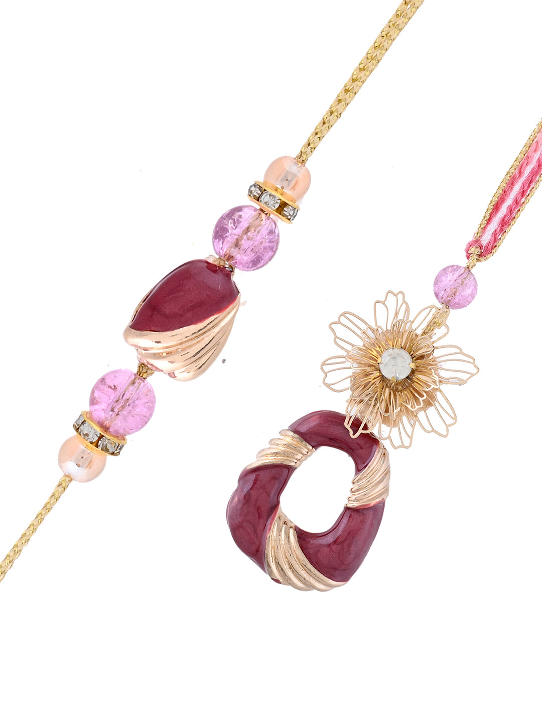 Artistic Bhaiya Bhabhi Rakhi with Handpicked Red Beads and Floral Motif