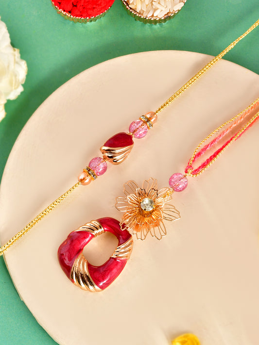 Artistic Bhaiya Bhabhi Rakhi with Handpicked Red Beads and Floral Motif