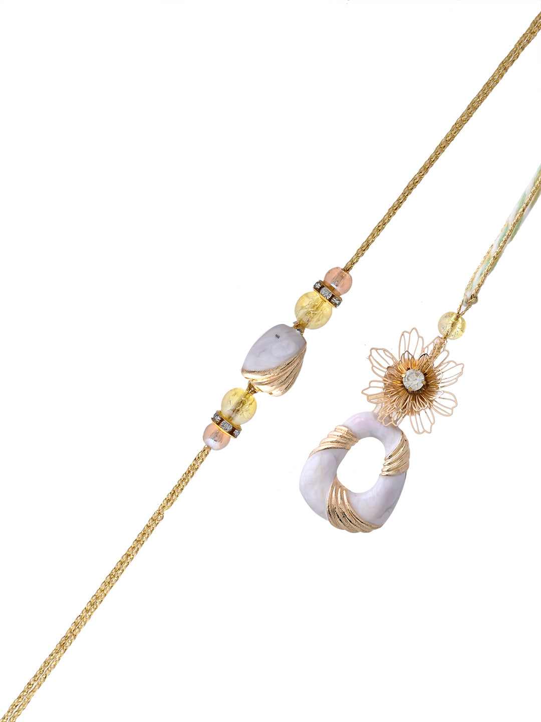 Handpicked Rakhi Pair with White Beads and Golden Floral Details