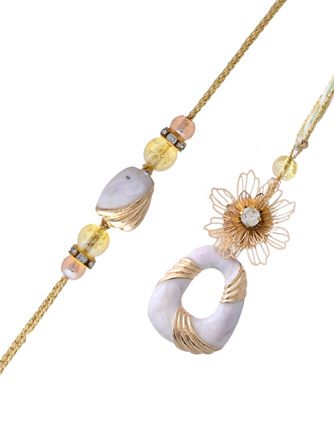 Handpicked Rakhi Pair with White Beads and Golden Floral Details