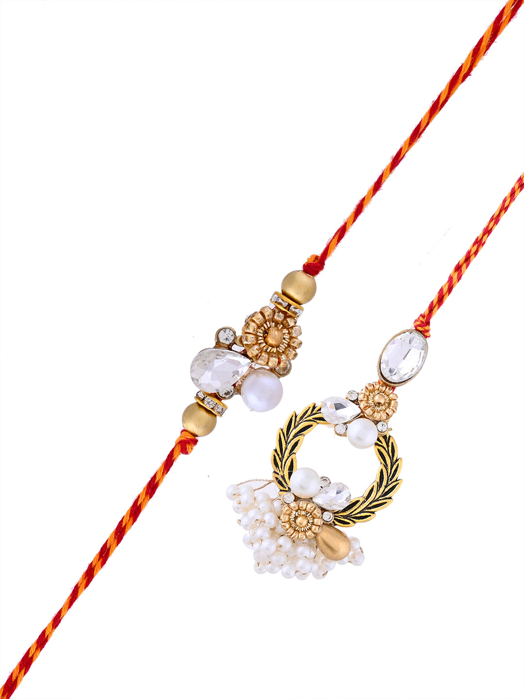 Elegant Festive Rakhi Pair with Kundan Motif and Pearl Tassels