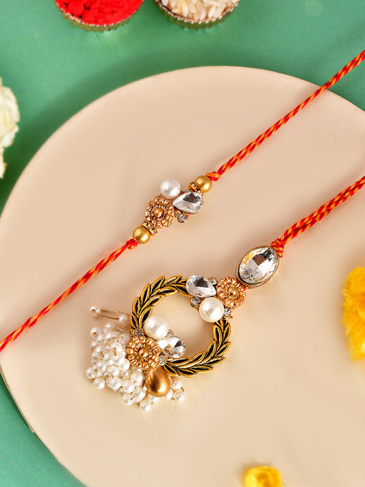 Elegant Festive Rakhi Pair with Kundan Motif and Pearl Tassels with Box