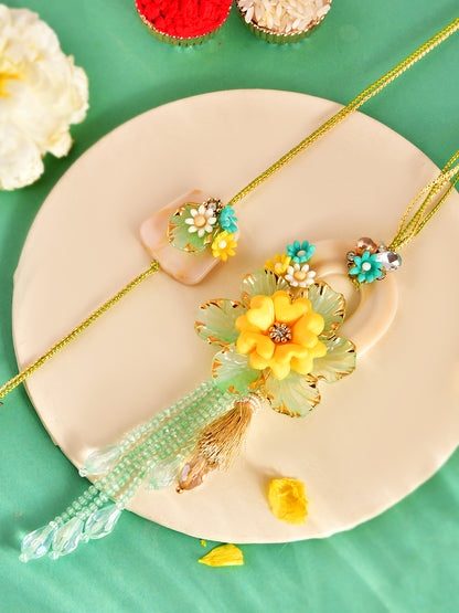 Elegant Handpicked Pearl Drop Flower Rakhi for Bhaiya Bhabhi with Box