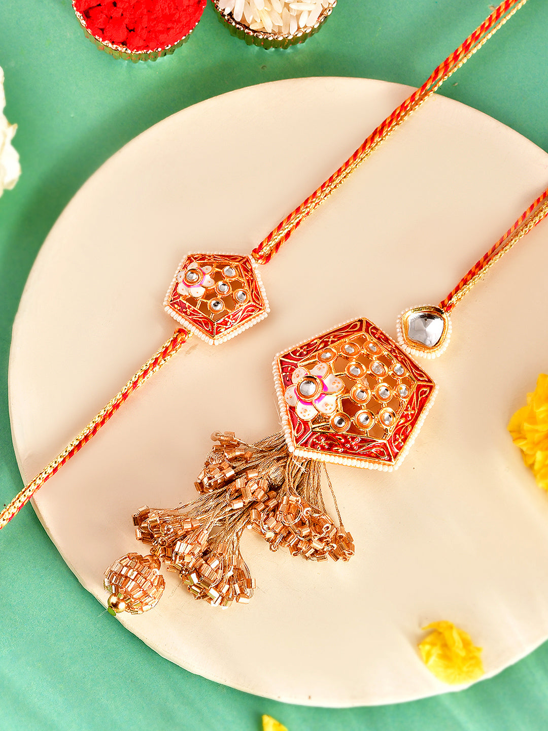 Ethnic Embellished Festive Rakhi Set with Beaded Lumba with Box