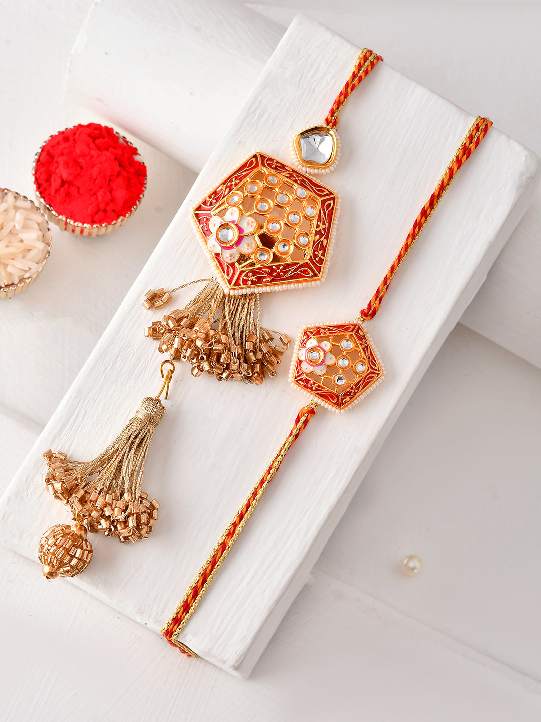Ethnic Embellished Festive Rakhi Set with Beaded Lumba with Box