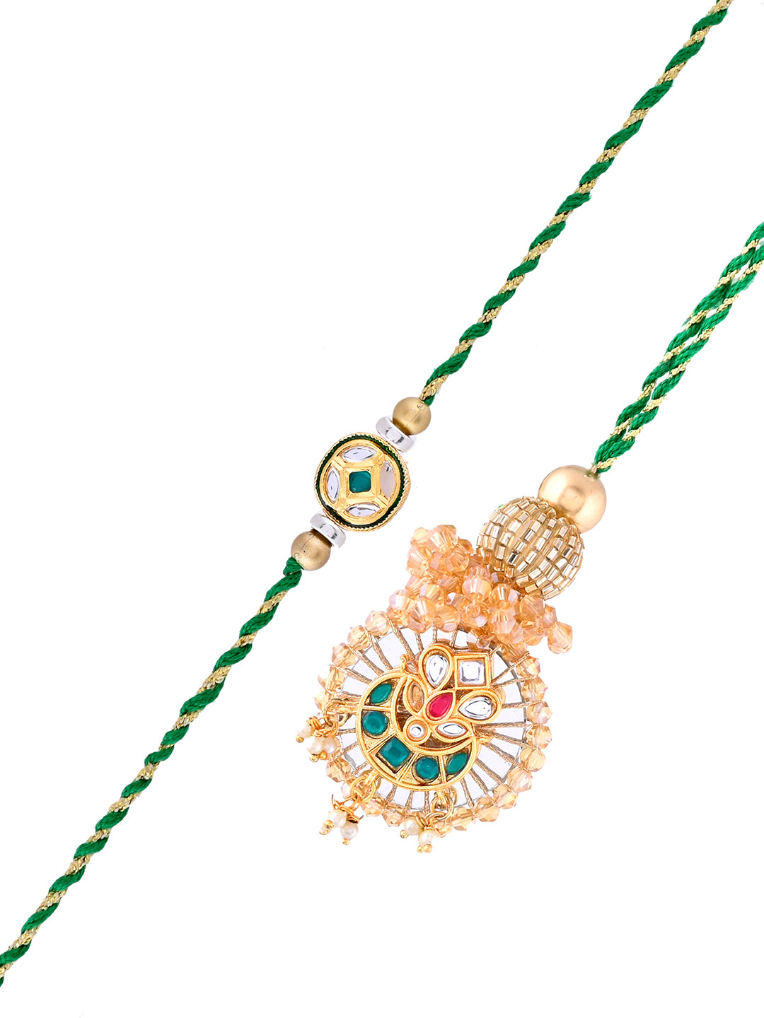 Traditional Handcrafted Rakhi Set in Emerald Hues for Bhaiya and Bhabhi