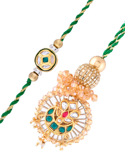 Traditional Handcrafted Rakhi Set in Emerald Hues for Bhaiya and Bhabhi with Box