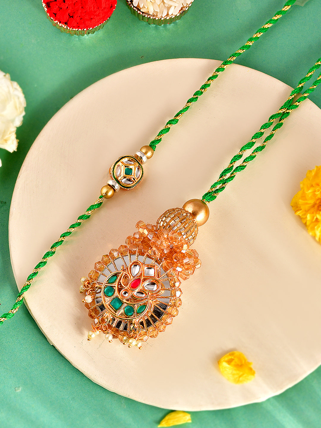 Traditional Handcrafted Rakhi Set in Emerald Hues for Bhaiya and Bhabhi