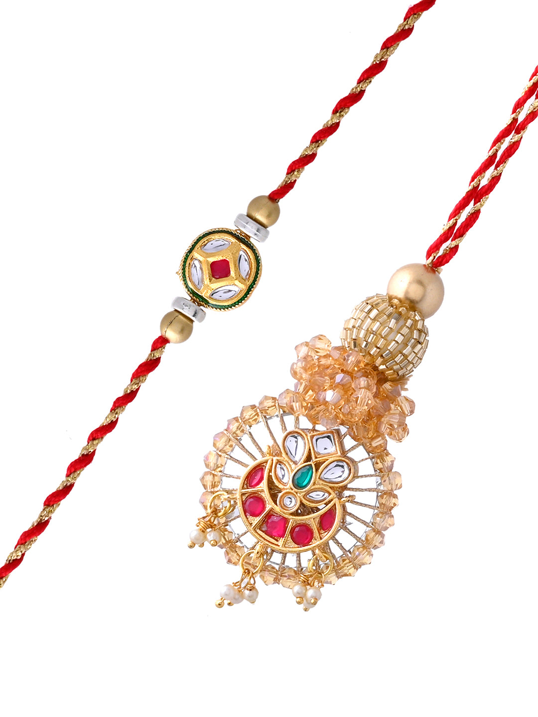 Handpicked Stone Work Rakhi Set for Bhaiya and Bhabhi in Red