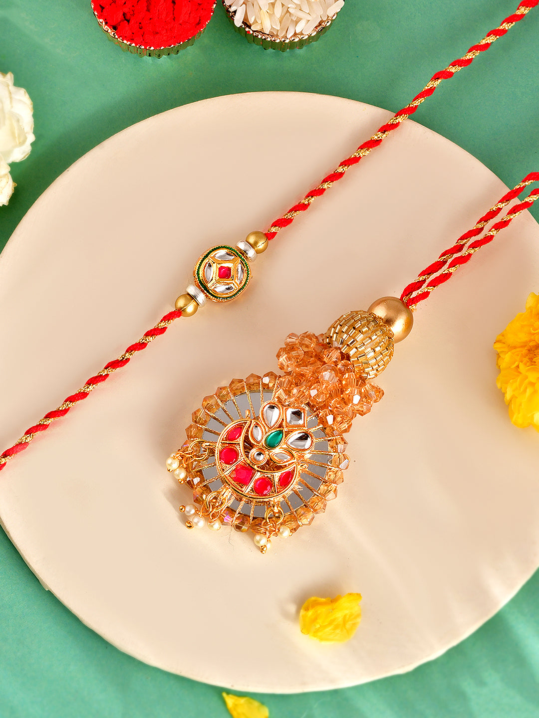 Handpicked Stone Work Rakhi Set for Bhaiya and Bhabhi in Red
