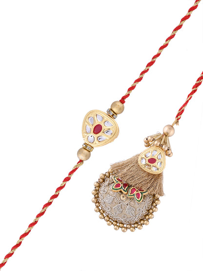 Festive Antique Finish Rakhi Set for Bhaiya and Bhabhi with Kundan Touch