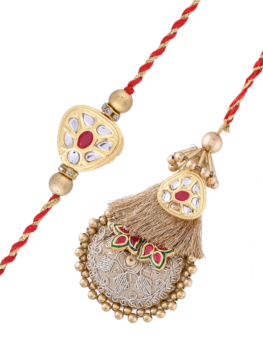 Festive Antique Finish Rakhi Set for Bhaiya and Bhabhi with Kundan Touch with Box