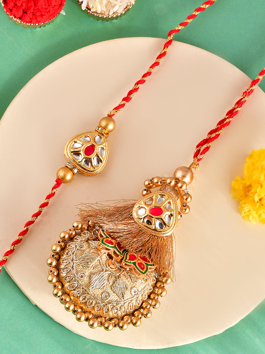 Festive Antique Finish Rakhi Set for Bhaiya and Bhabhi with Kundan Touch with Box