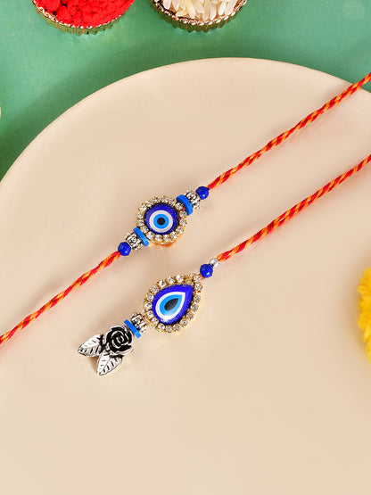 Evil Eye Bhaiya Bhabhi Rakhi Set with Blue Charm and Rose Bead