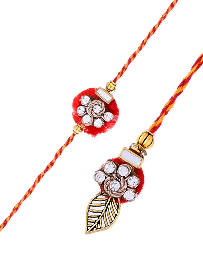 Traditional Red Felt Bhaiya Bhabhi Rakhi Set with Crystal Leaf Motif