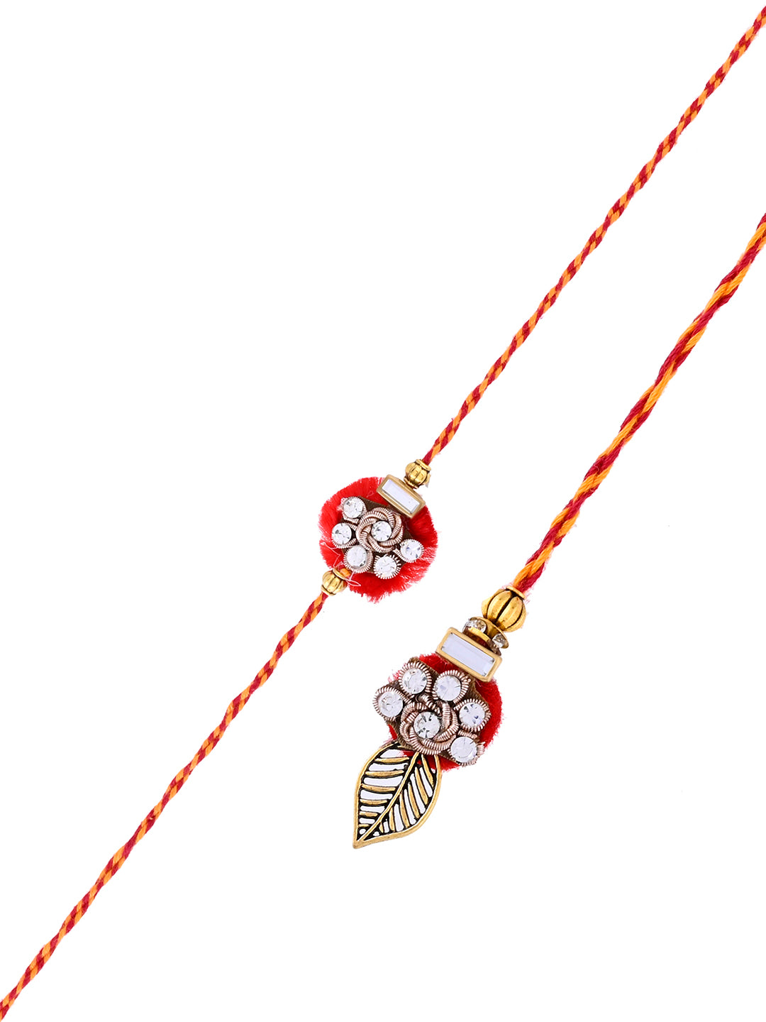 Traditional Red Felt Bhaiya Bhabhi Rakhi Set with Crystal Leaf Motif with Box