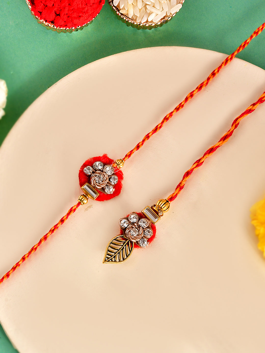 Traditional Red Felt Bhaiya Bhabhi Rakhi Set with Crystal Leaf Motif with Box
