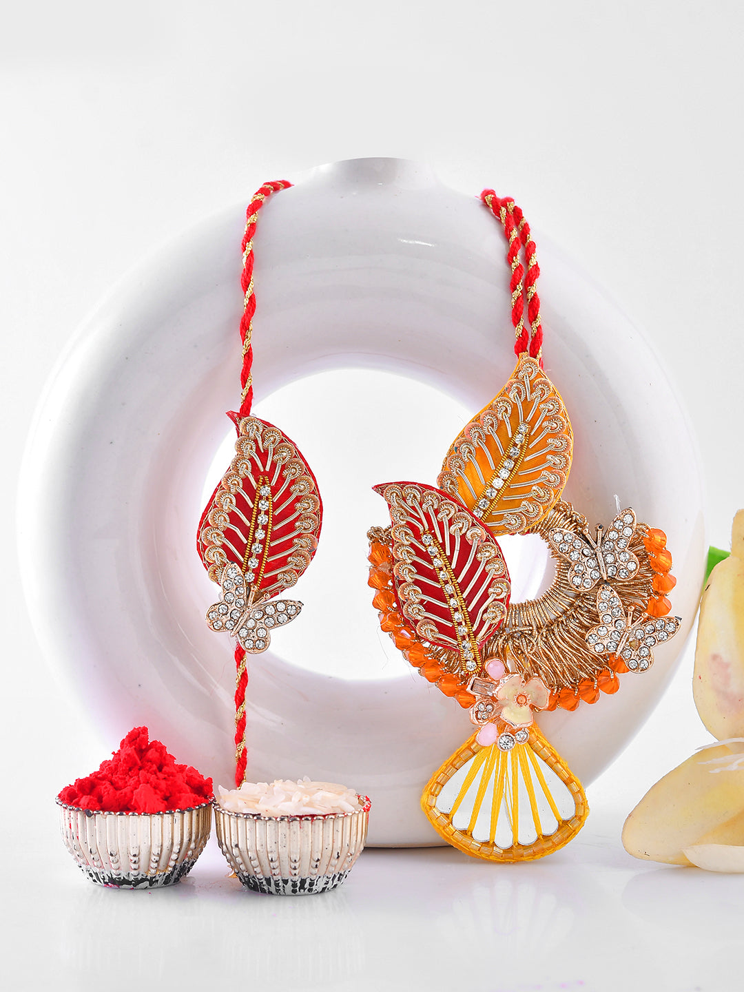 Leaf & Butterfly Design Bhaiya-Bhabhi Rakhi Set