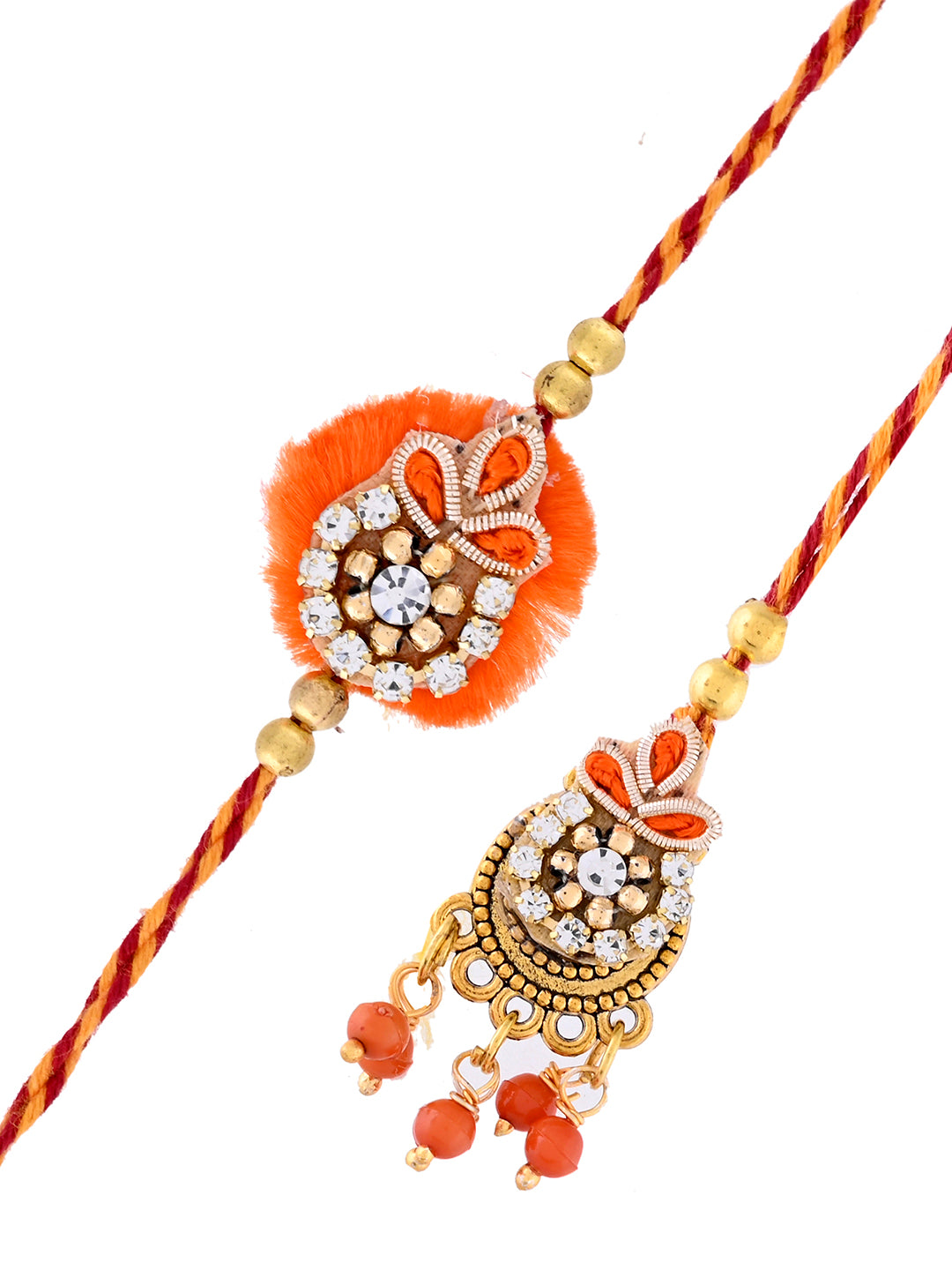 Handcrafted Traditional Rakhi Set for Bhaiya and Bhabhi with Orange Accents with Box