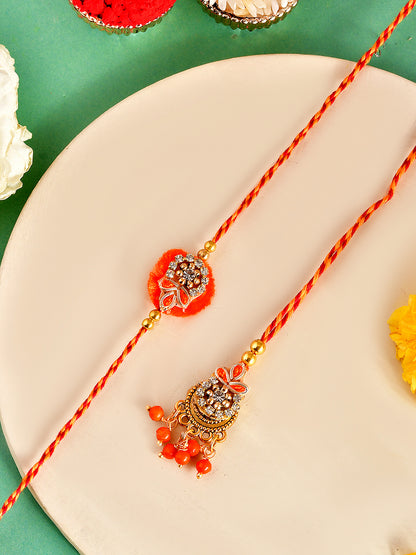Handcrafted Traditional Rakhi Set for Bhaiya and Bhabhi with Orange Accents with Box