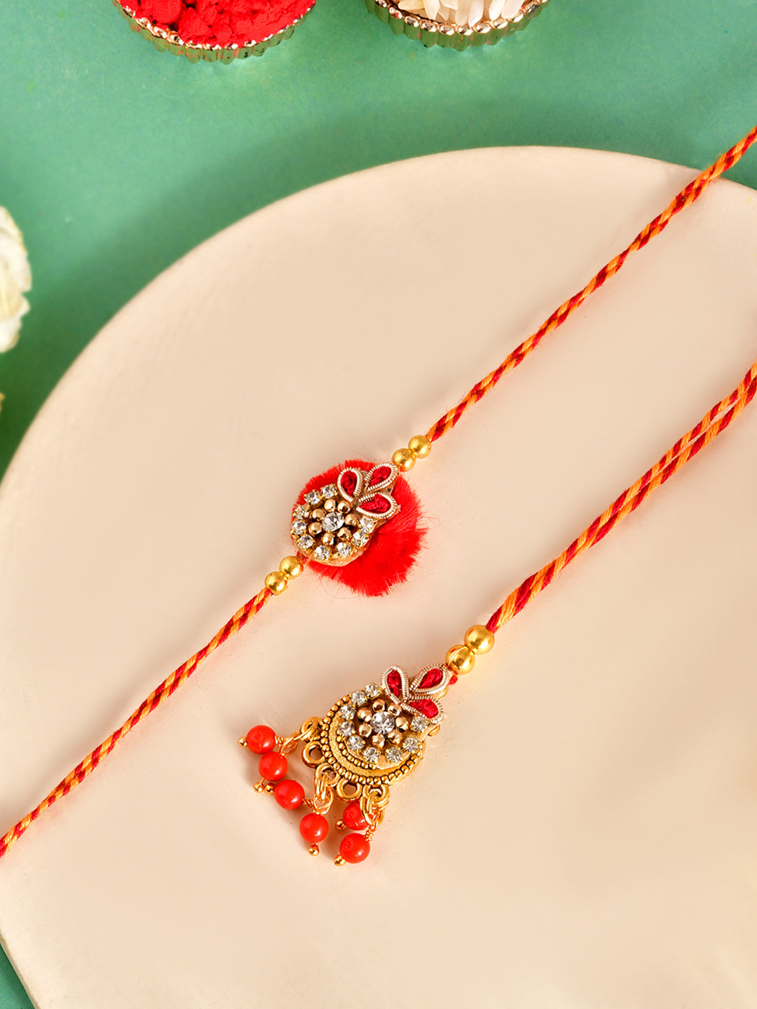 Traditional Handcrafted Rakhi Set with Beaded Tassels for Bhaiya and Bhabhi with Box