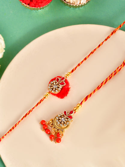 Traditional Handcrafted Rakhi Set with Beaded Tassels for Bhaiya and Bhabhi with Box