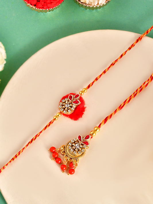 Traditional Handcrafted Rakhi Set with Beaded Tassels for Bhaiya and Bhabhi