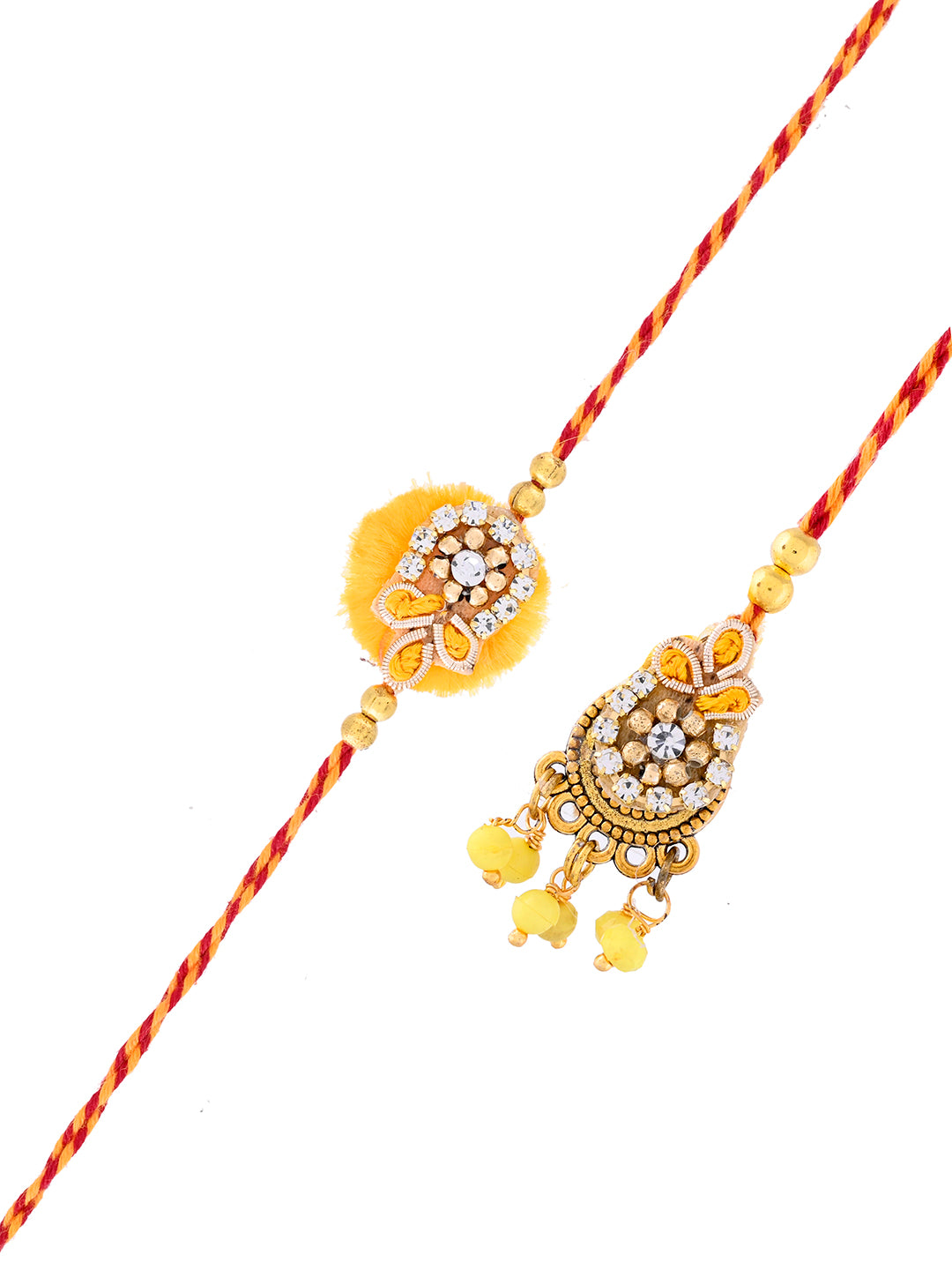 Golden Yellow Bhaiya Bhabhi Rakhi Set with Floral Stone Detailing with Box