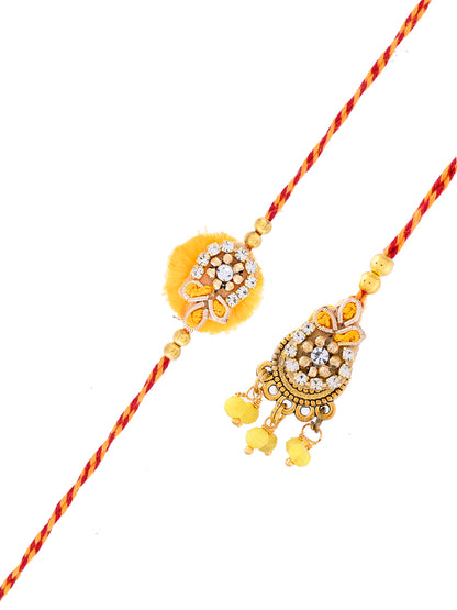 Golden Yellow Bhaiya Bhabhi Rakhi Set with Floral Stone Detailing with Box