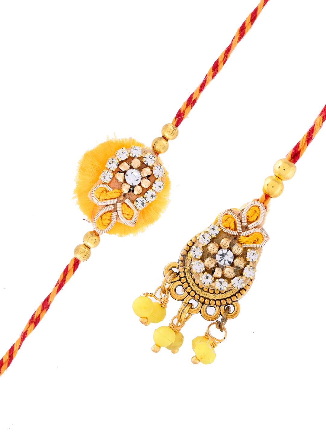 Golden Yellow Bhaiya Bhabhi Rakhi Set with Floral Stone Detailing with Box
