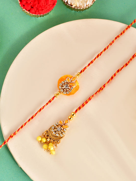 Golden Yellow Bhaiya Bhabhi Rakhi Set with Floral Stone Detailing