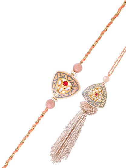 Rustic Charm Bhaiya Bhabhi Rakhi Combo with Embossed Golden Meenakari Motif with Box