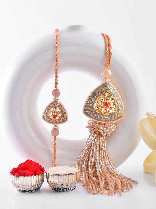 Rustic Charm Bhaiya Bhabhi Rakhi Combo with Embossed Golden Meenakari Motif with Box