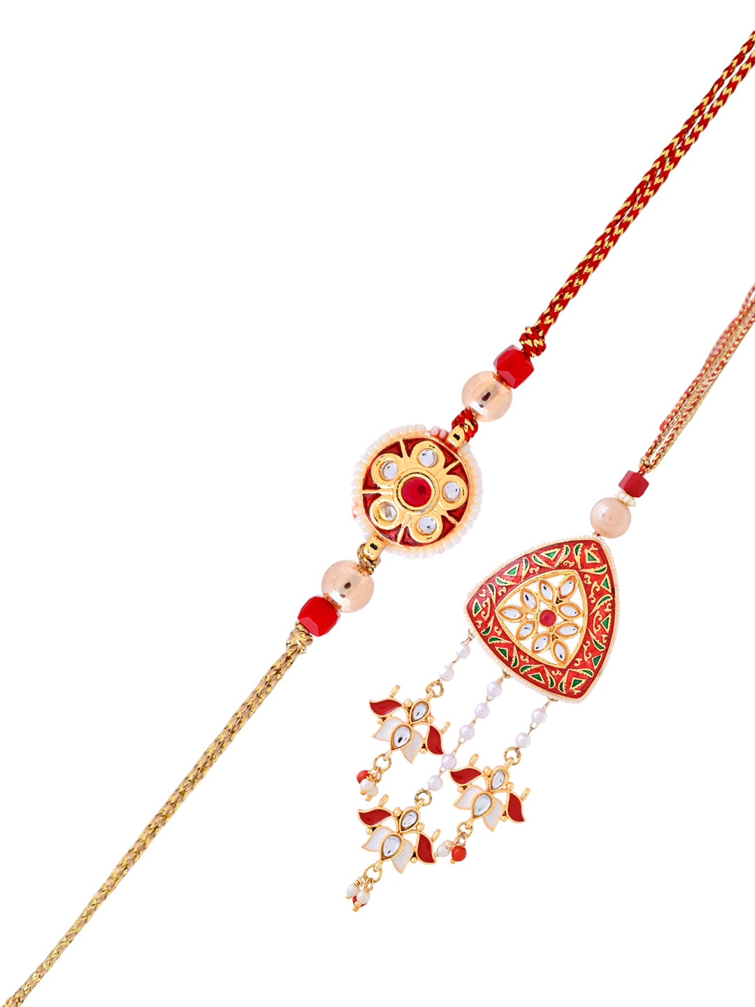 Red Kundan and Meena work Bhaiya Bhabhi Rakhi Set with Hanging Pearl Drops