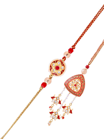 Red Kundan and Meena work Bhaiya Bhabhi Rakhi Set with Hanging Pearl Drops