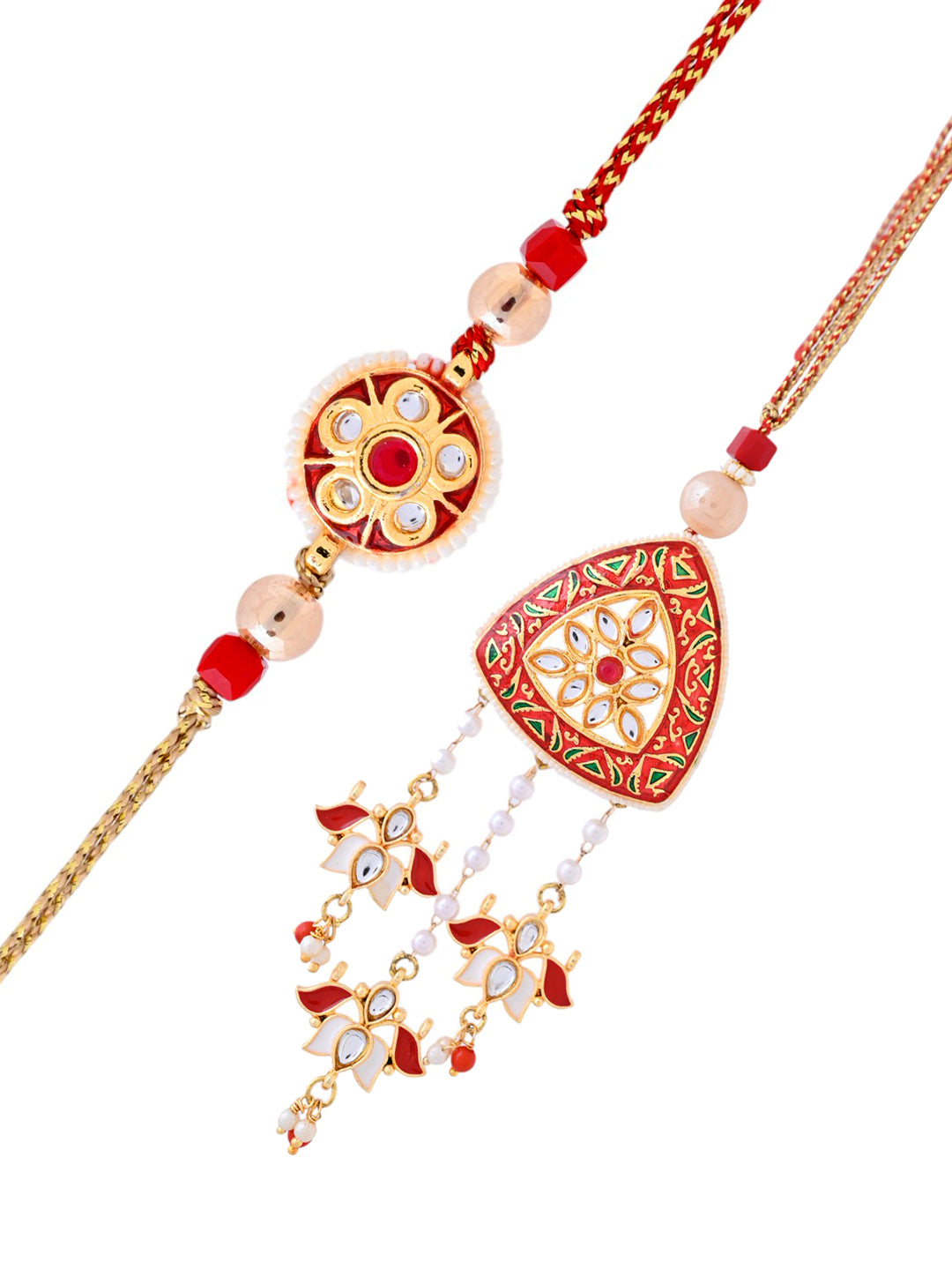 Red Kundan and Meena work Bhaiya Bhabhi Rakhi Set with Hanging Pearl Drops