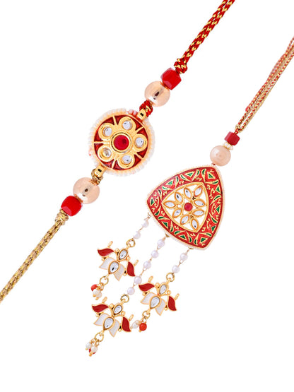 Red Kundan and Meena work Bhaiya Bhabhi Rakhi Set with Hanging Pearl Drops
