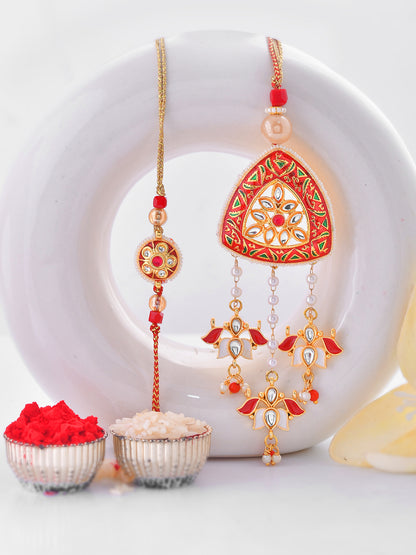 Red Kundan and Meena work Bhaiya Bhabhi Rakhi Set with Hanging Pearl Drops