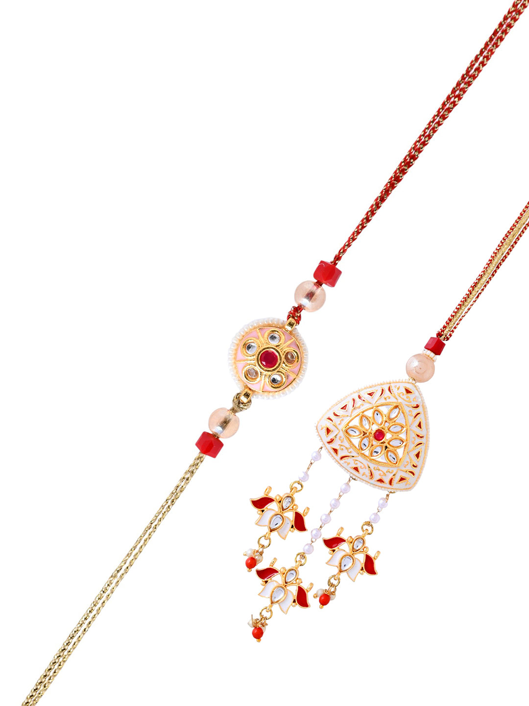 Ivory and Red Dangler Bhaiya Bhabhi Rakhi Set with Mini Ghunghroos